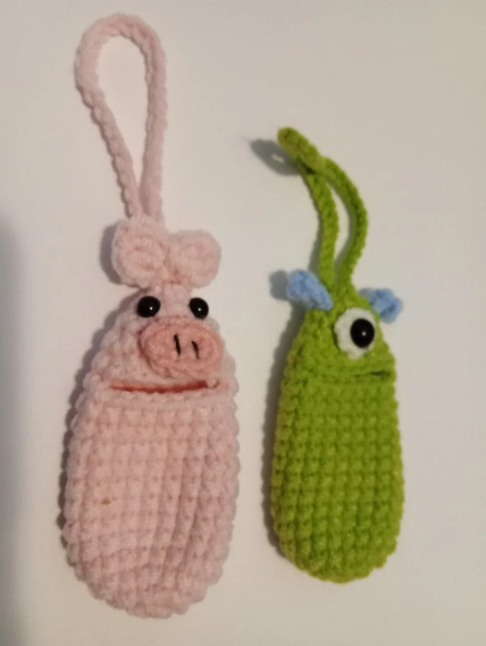 Pink Pig and Green One Eyed Monster Crochet Small Item Storage Pendant